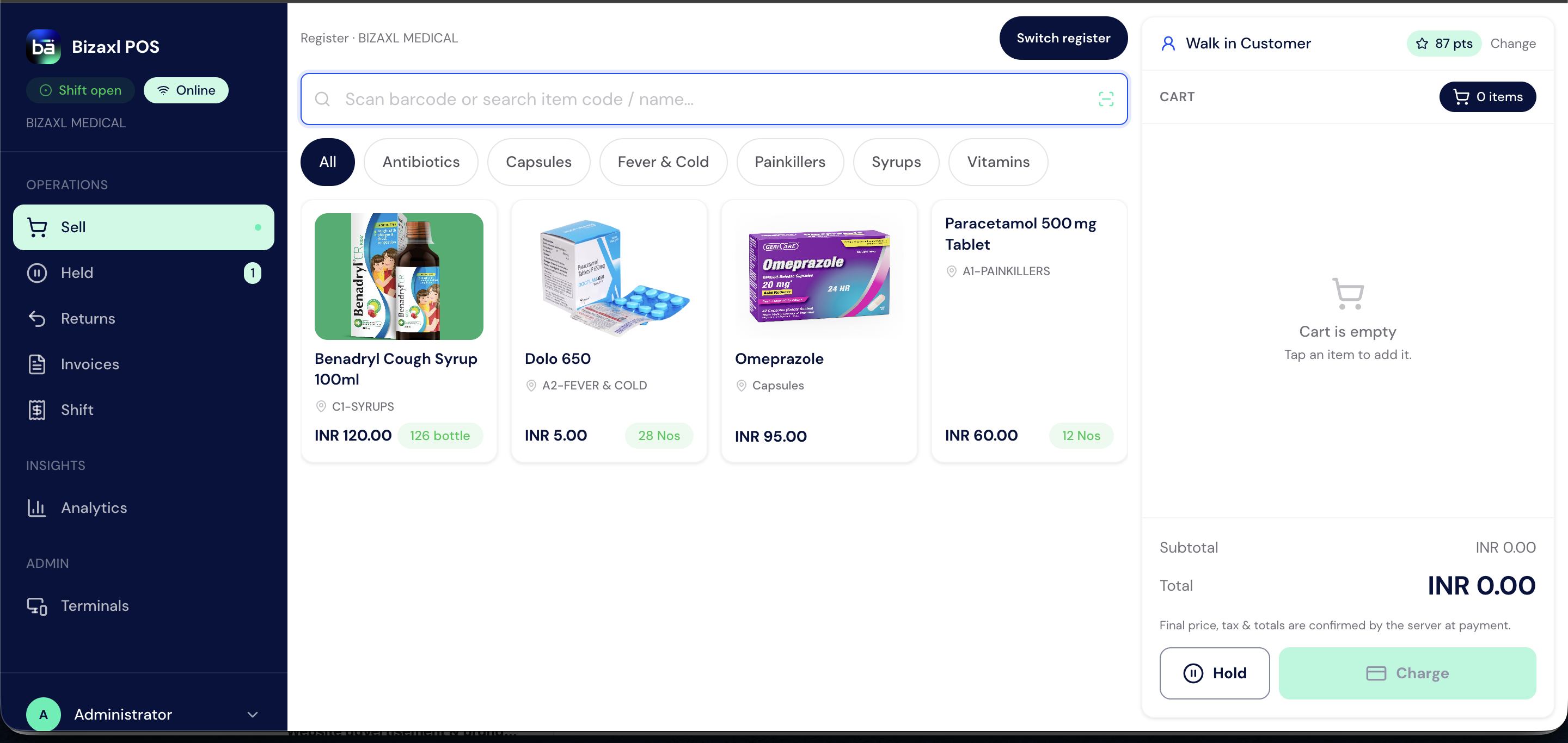 Bizaxl Medical Retail Point of Sale screen showing medicine categories, product search, item cards, customer details, and an empty cart