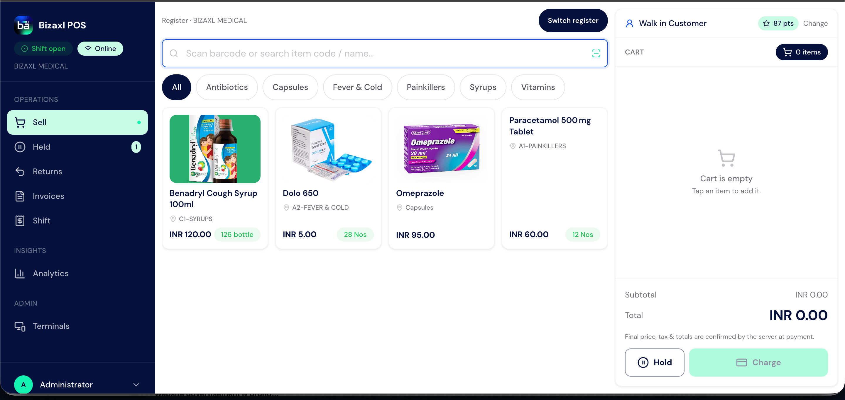 Bizaxl Medical Retail Point of Sale screen showing medicine categories, product search, item cards, customer details, and an empty cart