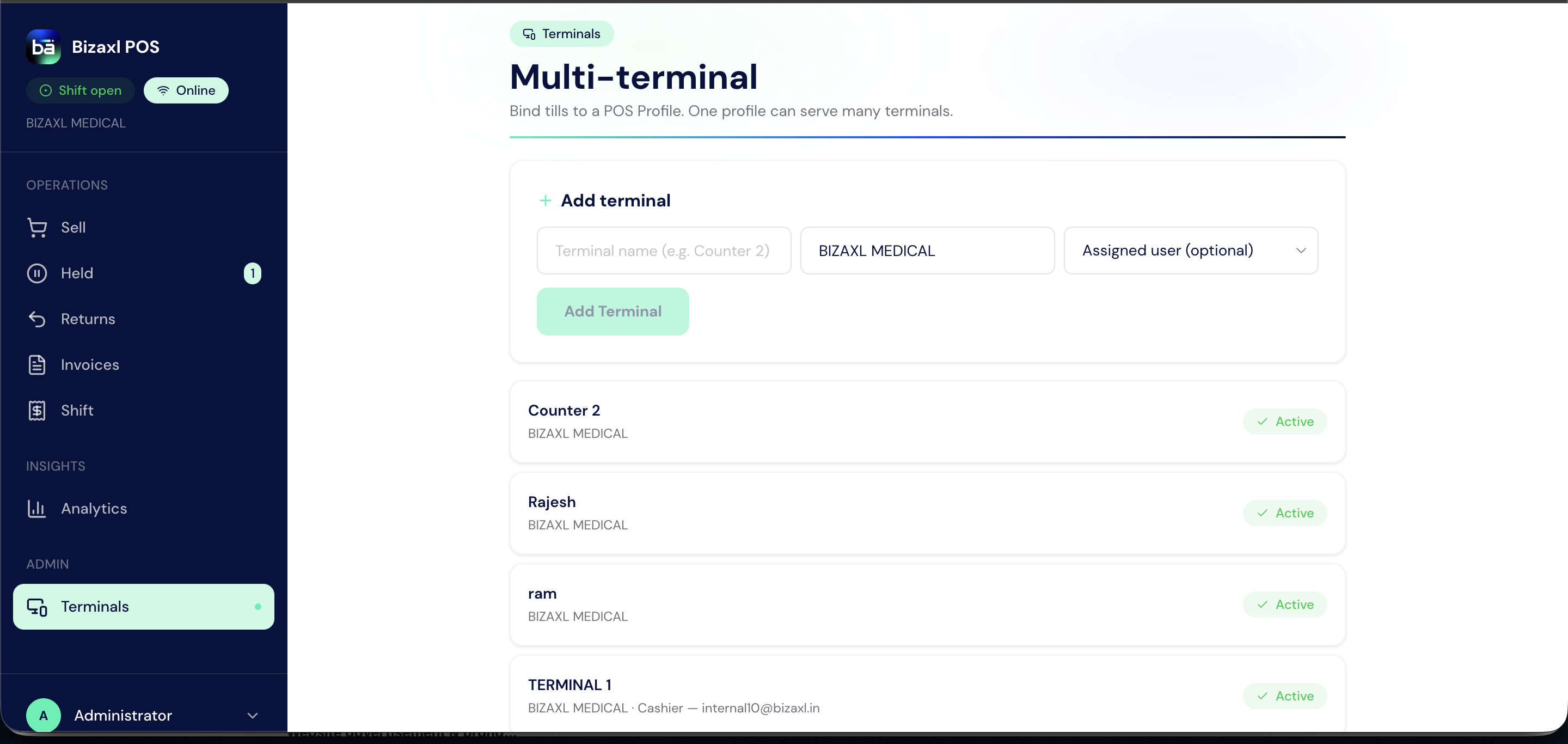 Bizaxl Medical Retail Terminals screen showing the add-terminal form and active tills assigned to the store