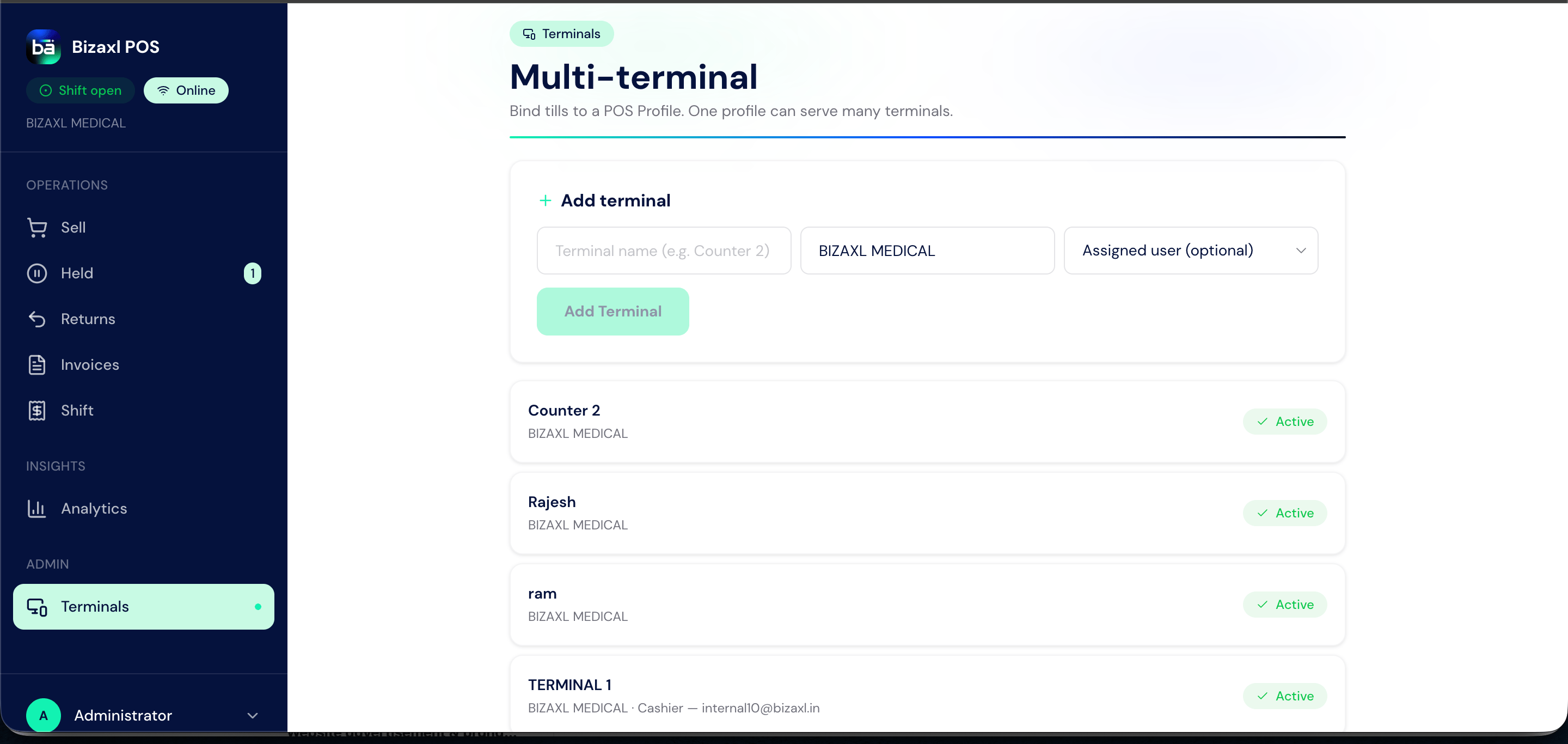 Bizaxl Medical Retail Terminals screen showing the add-terminal form and active tills assigned to the store