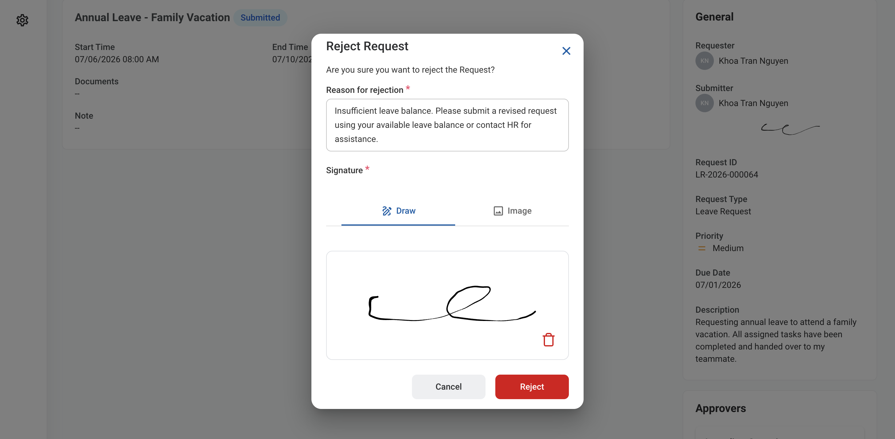 Reject Leave Request 1