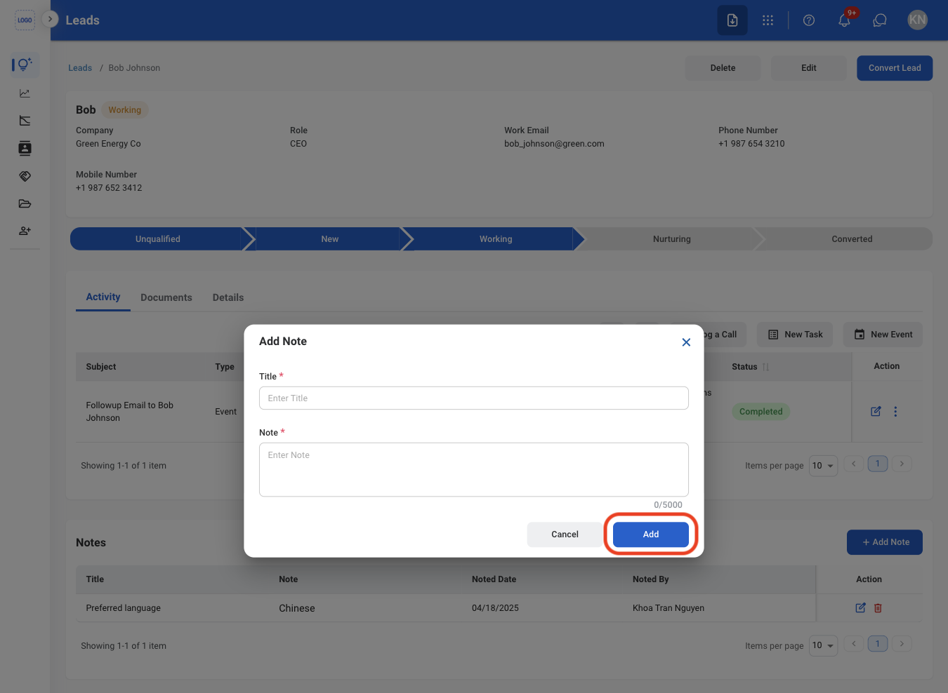CRM L Add Note C