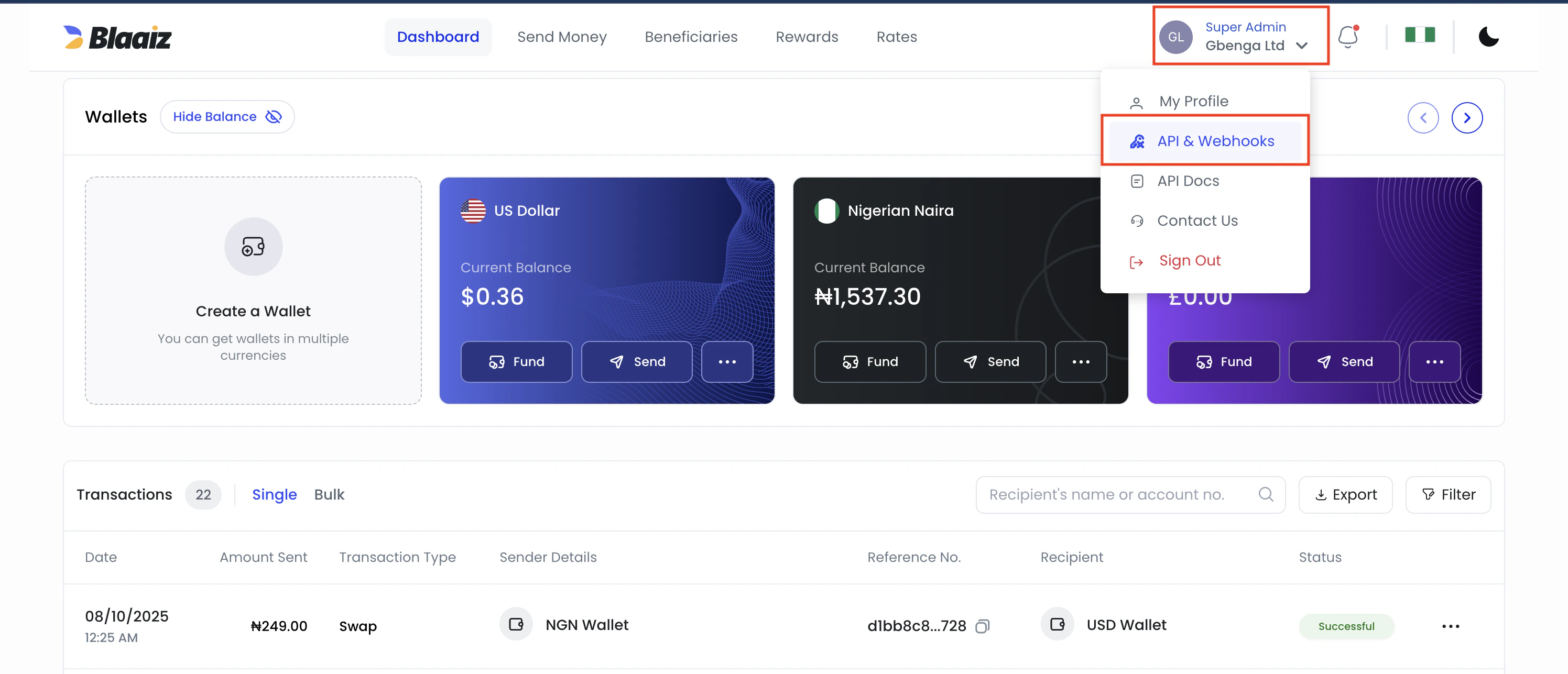 Dashboard dropdown menu showing the API & Webhooks option