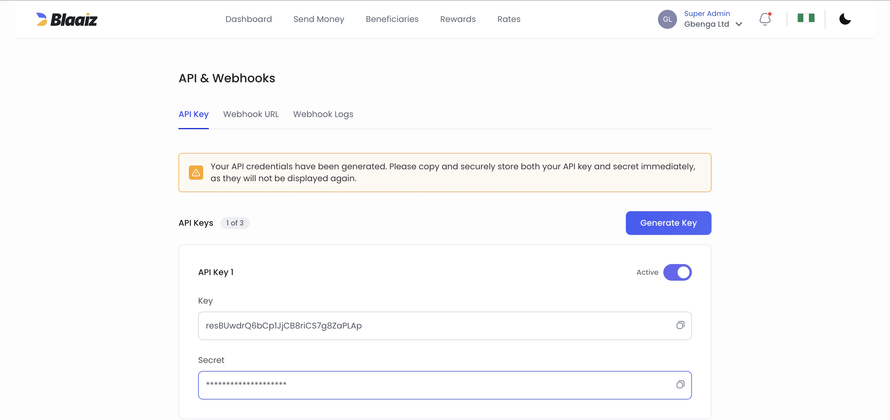 API & Webhooks page showing credential and webhook management