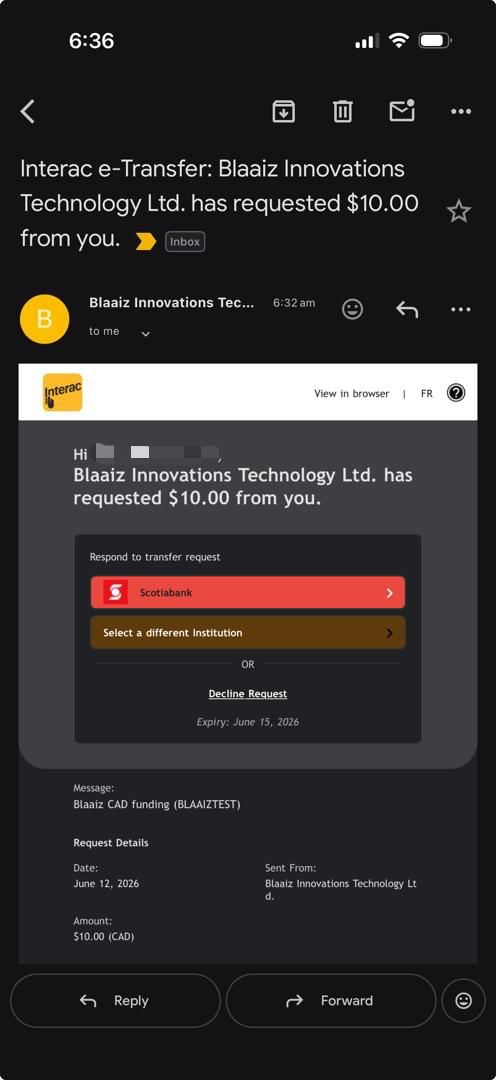 Interac money request sent to the payer email