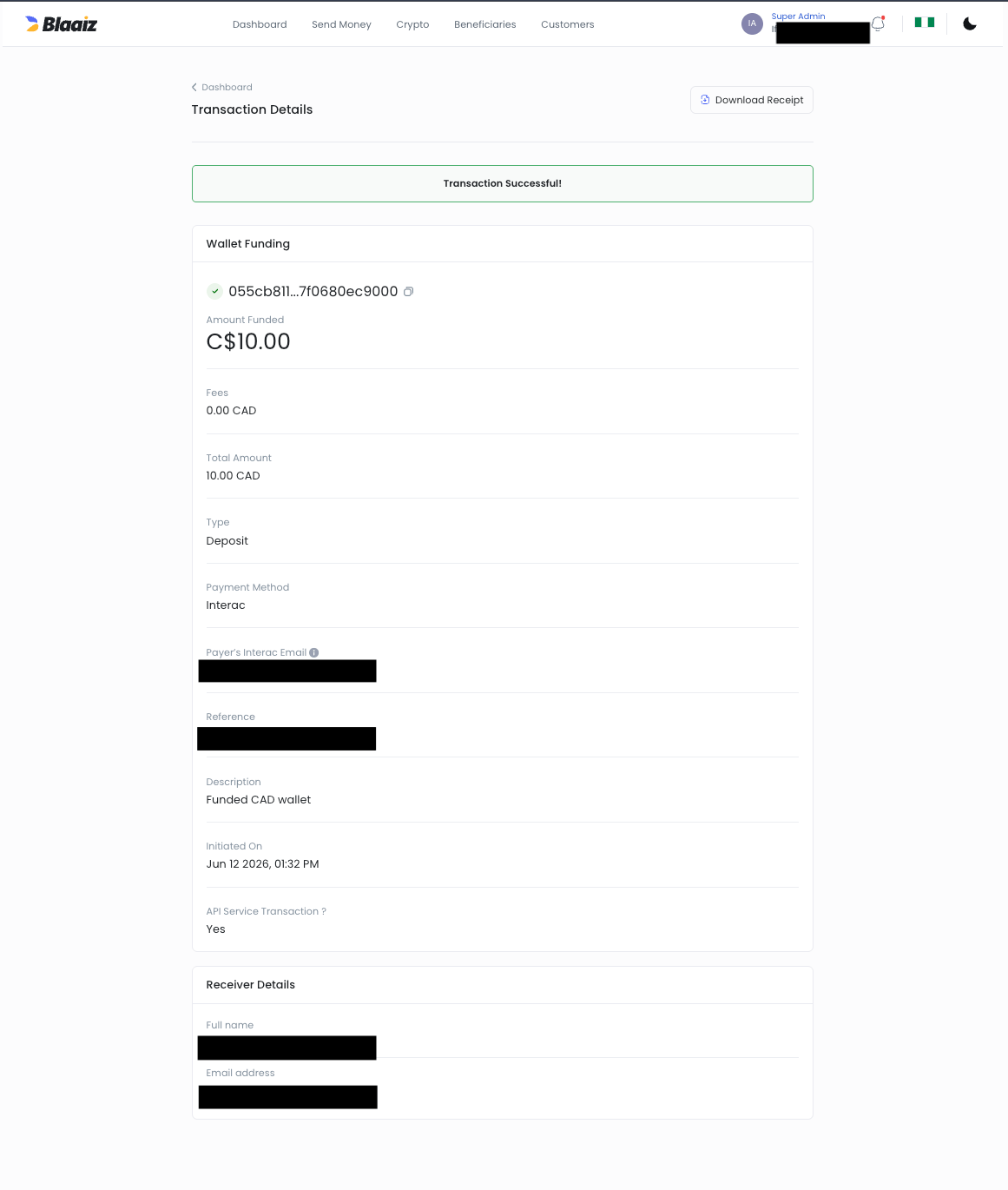Blaaiz credits the CAD wallet after the Interac request is approved