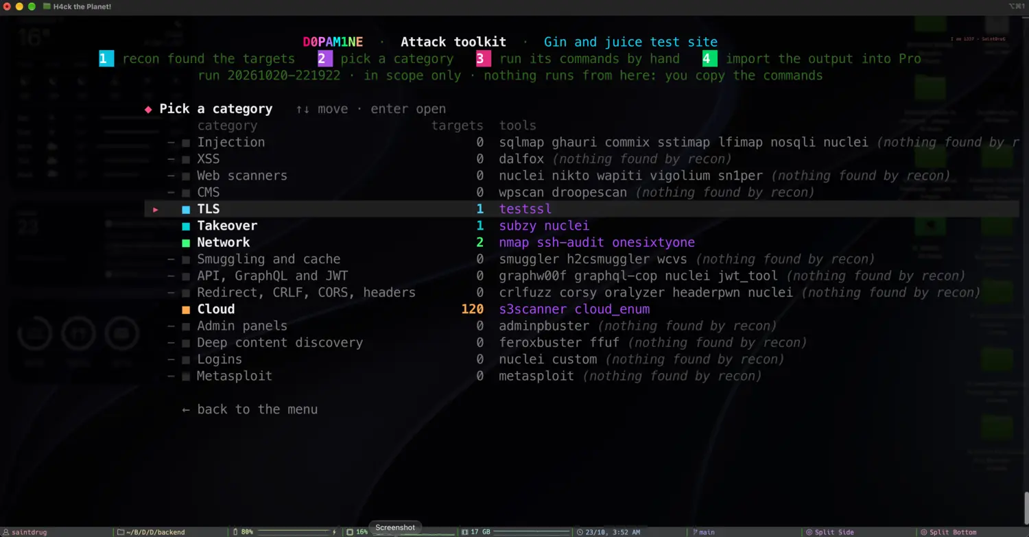 Picking an attack category in the toolkit
