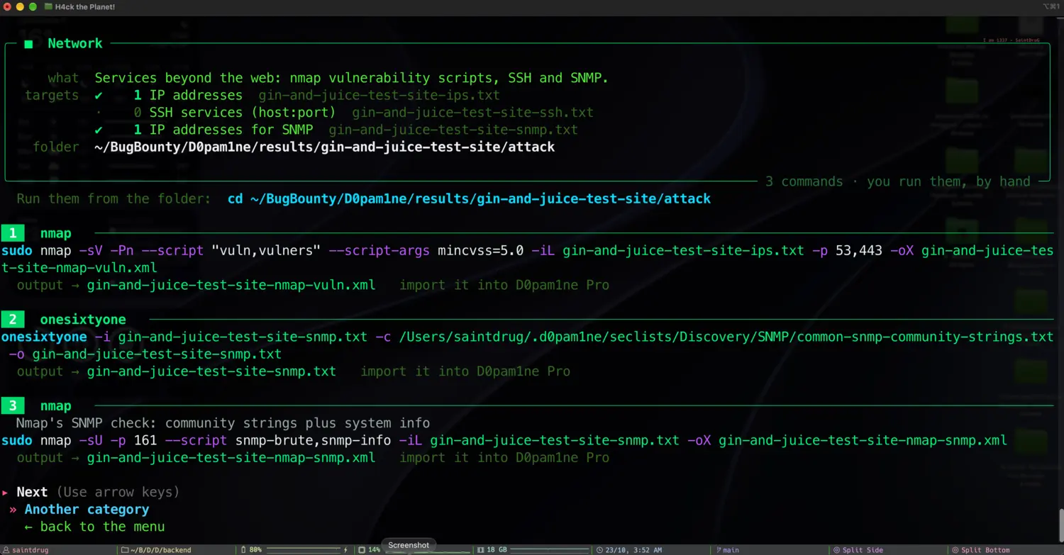 The prepared commands for the Network attack category