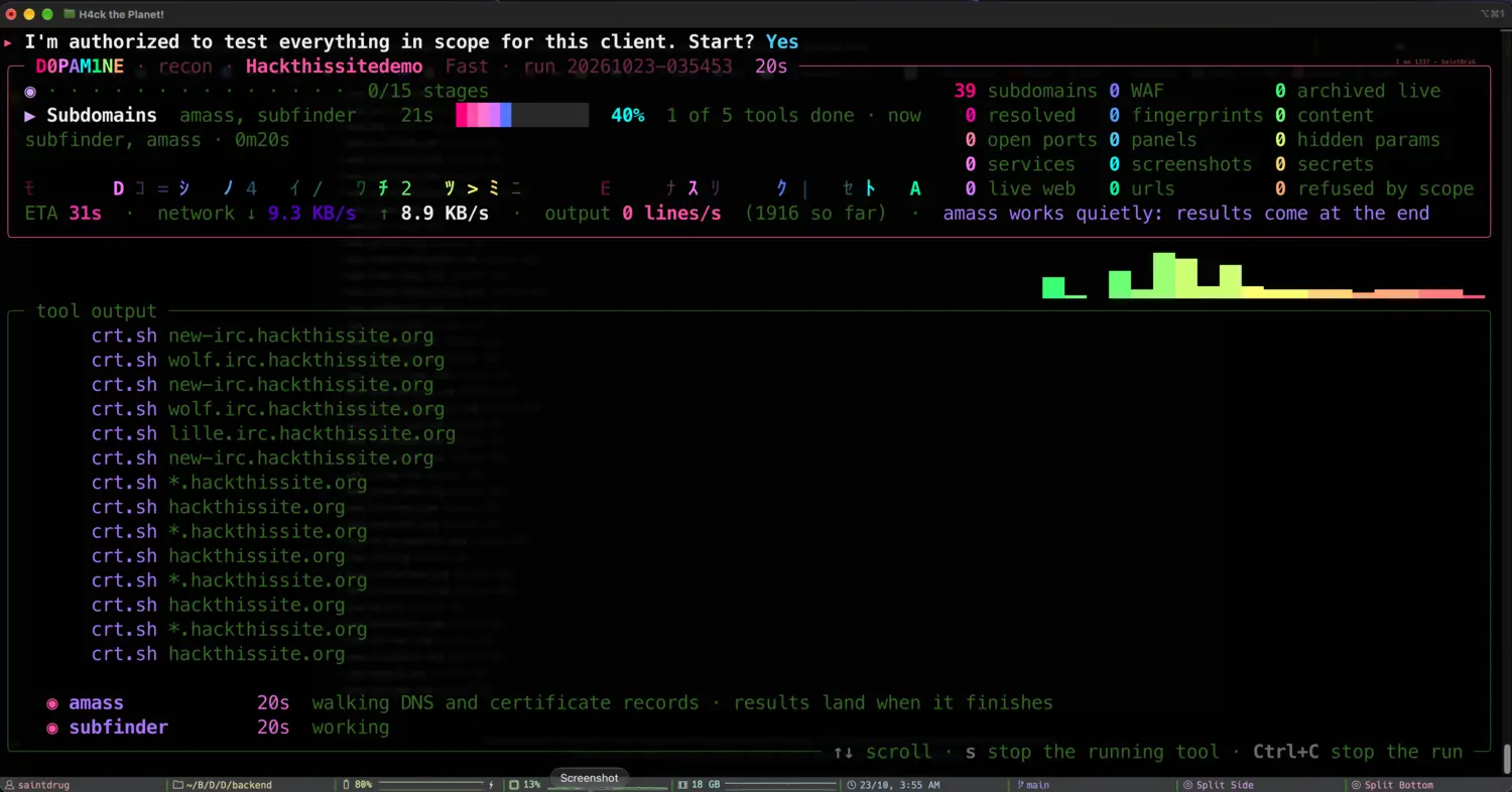 The live recon run screen, subdomains stage