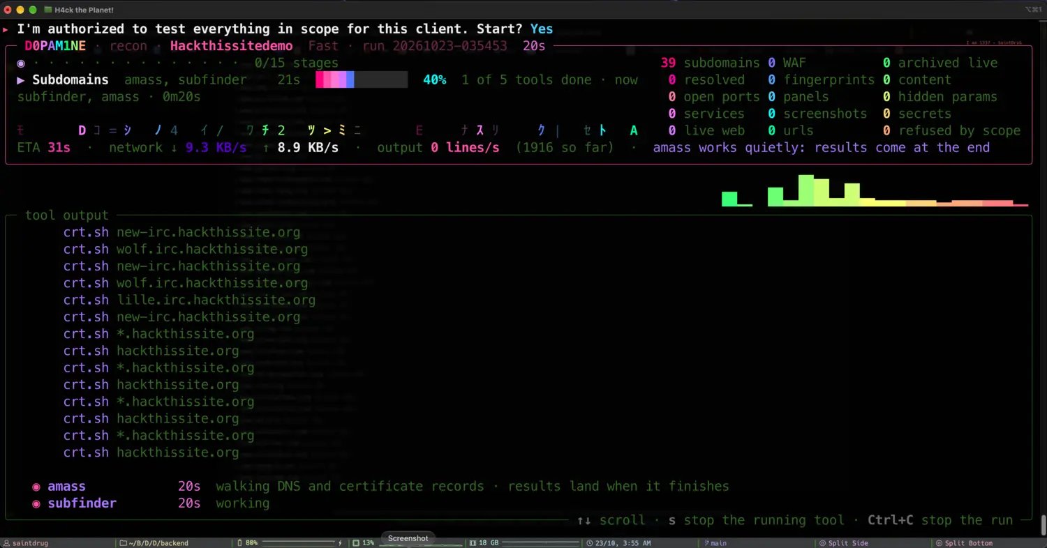 The live recon run screen, subdomains stage
