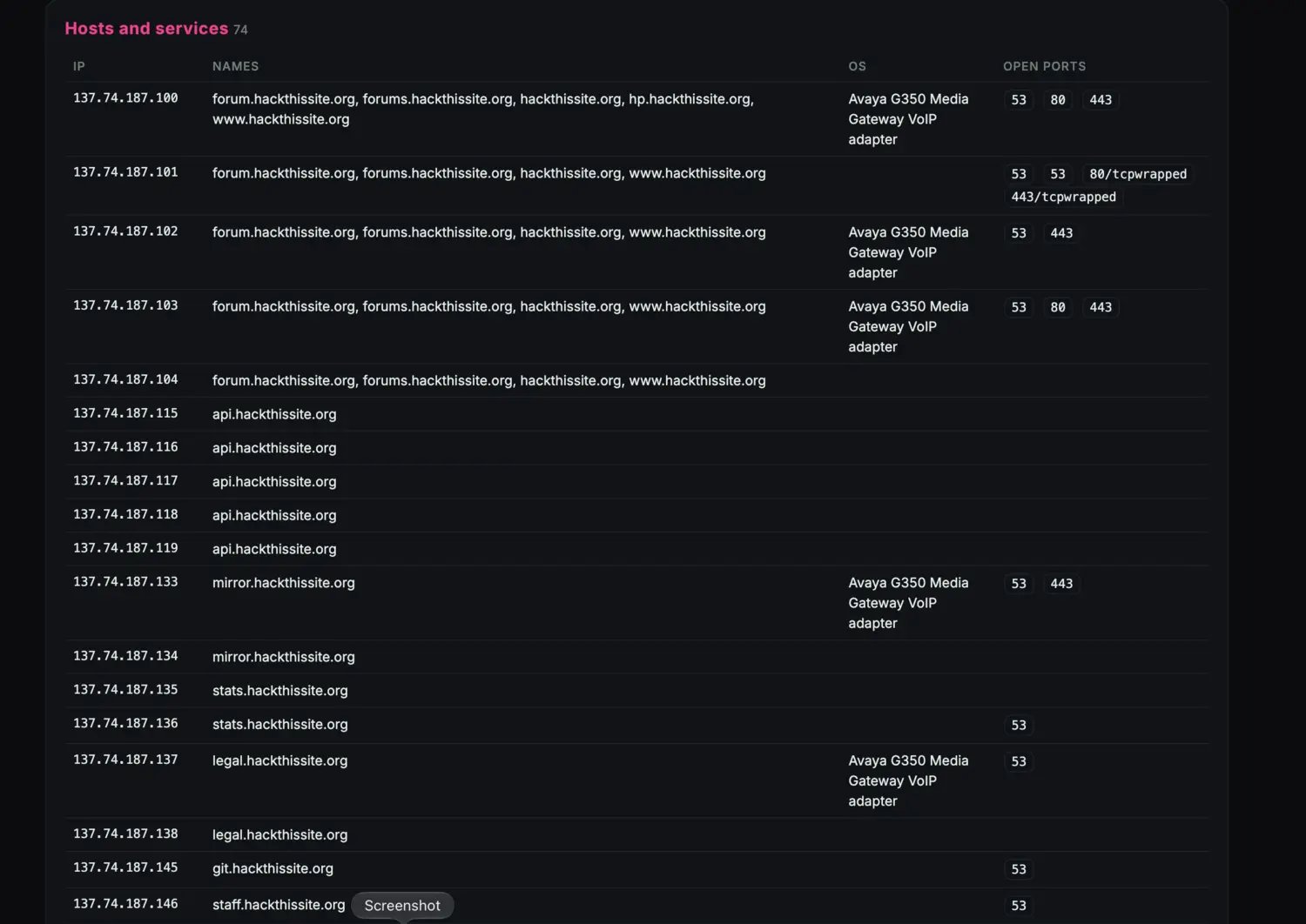 The hosts and services section of the report