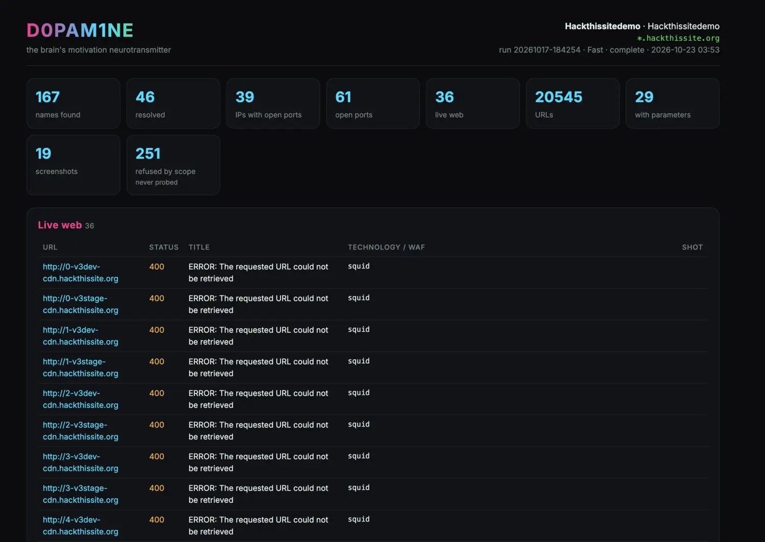The one-page HTML recon report overview