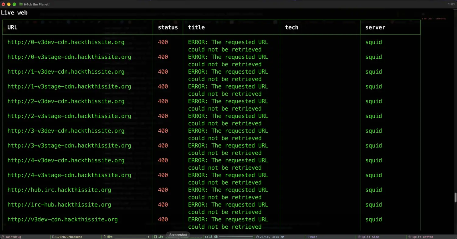 The live web results table