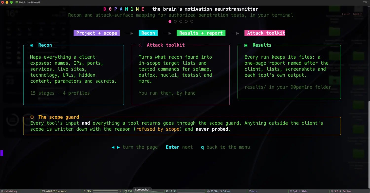 The D0pam1ne flow: project and scope, recon, results, attack toolkit