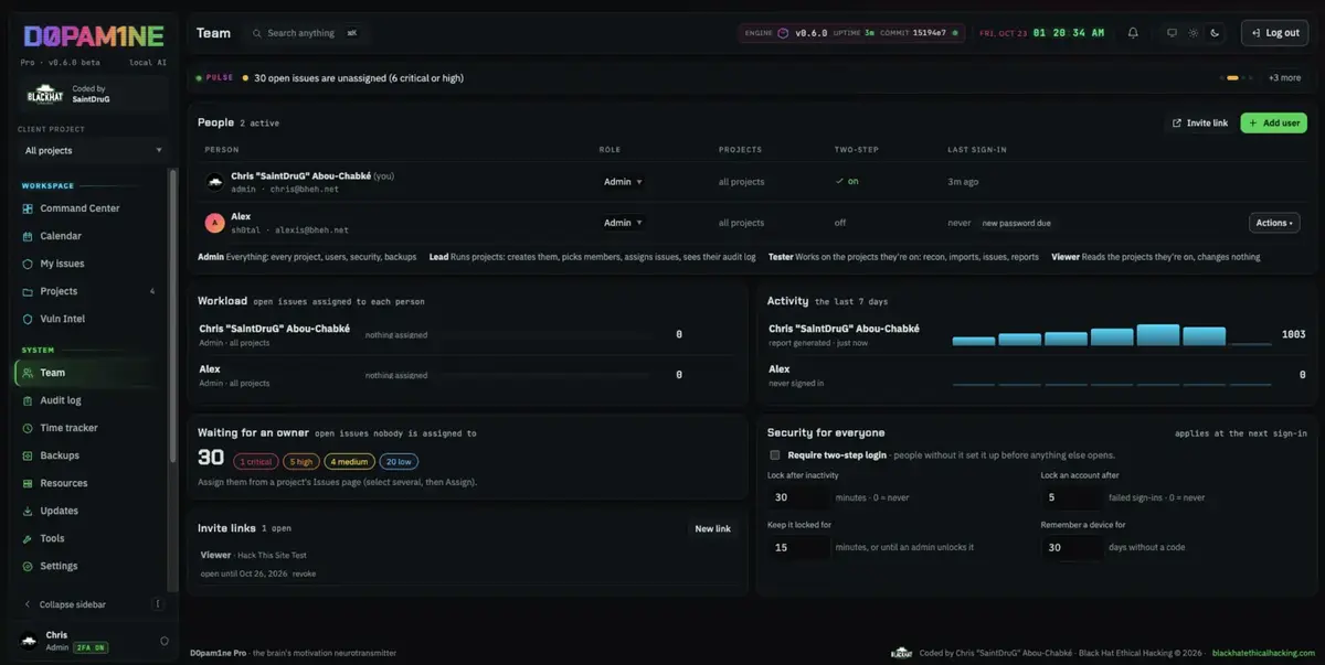 The Team page: people, roles, workload and security