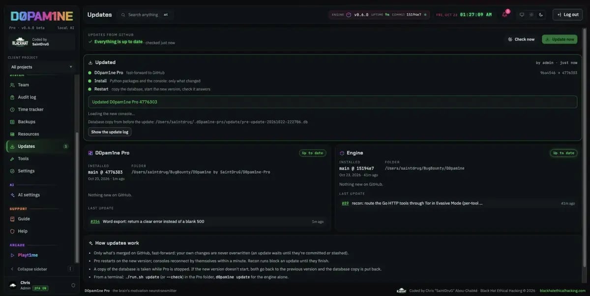 The update log of recent changes
