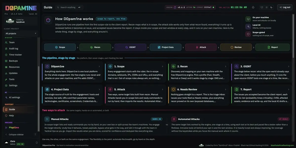 The in-app Guide explains the recon to report pipeline