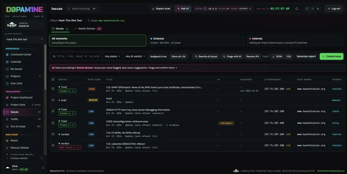 The Issues list with Needs Review triage