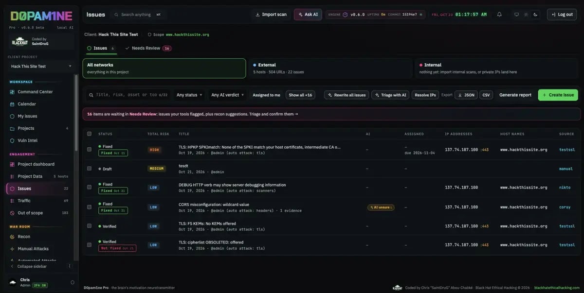 The Issues list with Needs Review triage