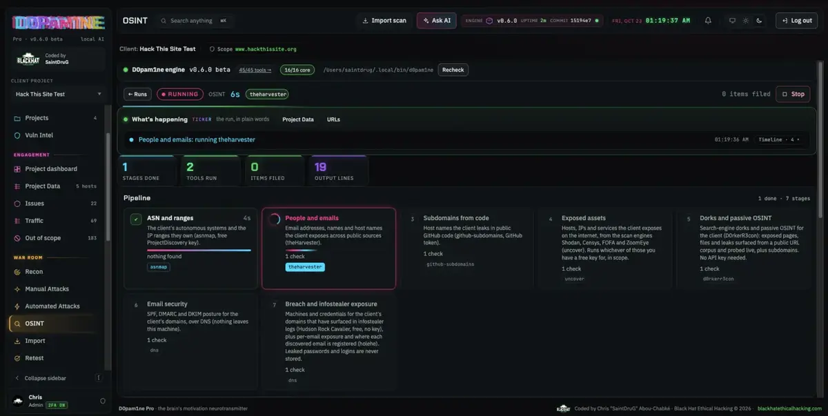 OSINT running, streaming results