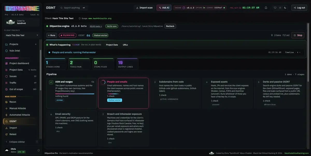 OSINT running, streaming results