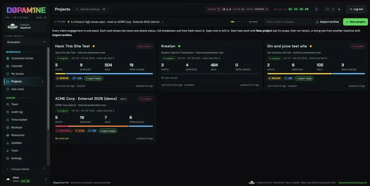 The Projects list: recon and attack status per engagement