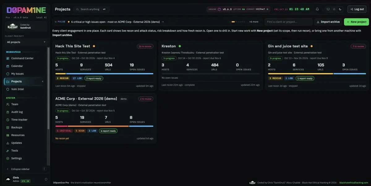 The Projects list: recon and attack status per engagement