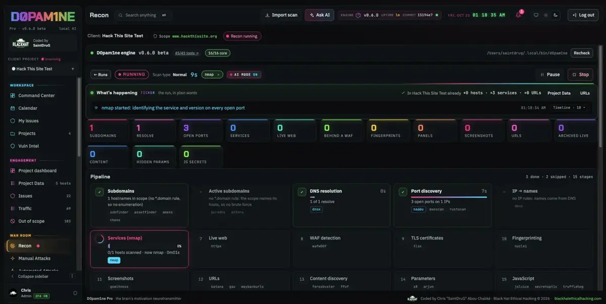 Recon running: pipeline stages and live counts