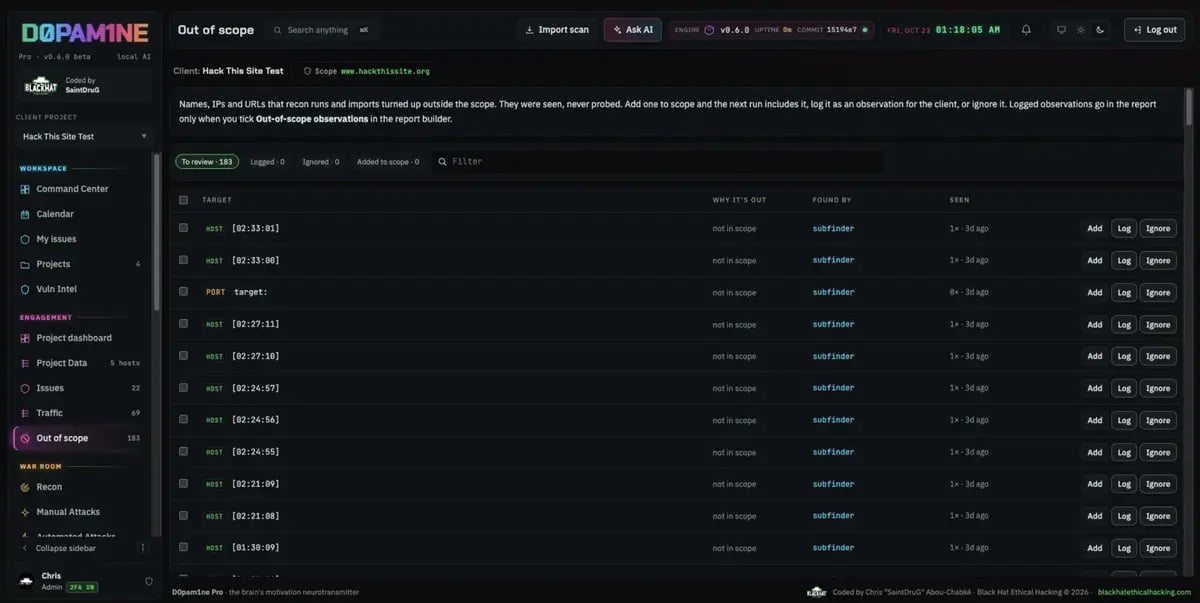 The Out of scope page keeps a clean record of what was excluded