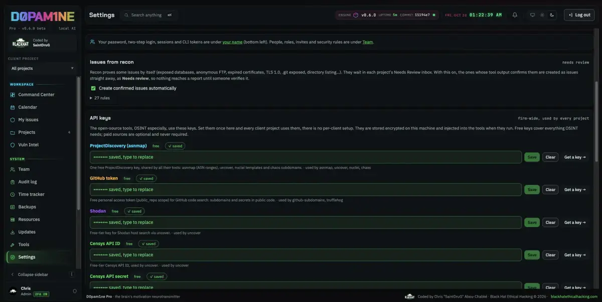 API keys for ProjectDiscovery, GitHub, Shodan and more