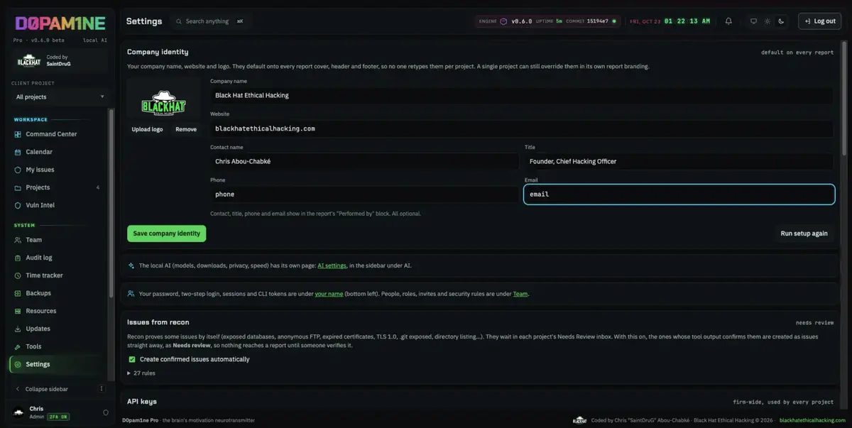 Company identity in Settings