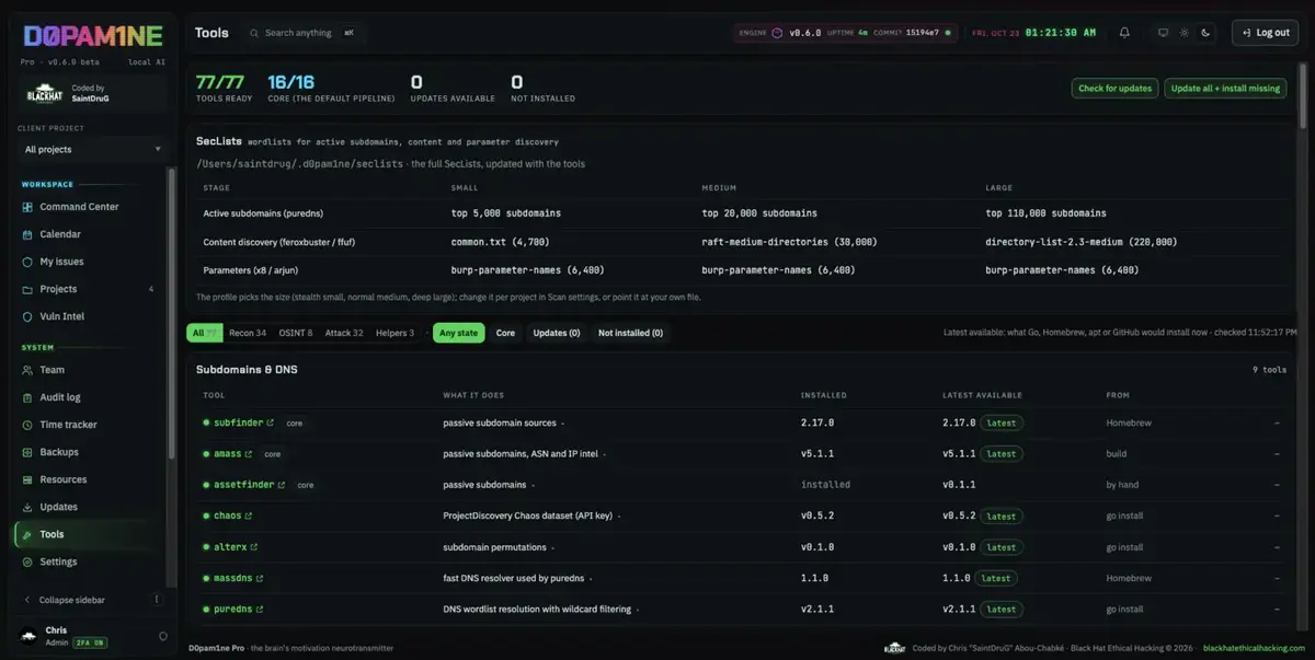 The Tools page: ready, updates available, not installed