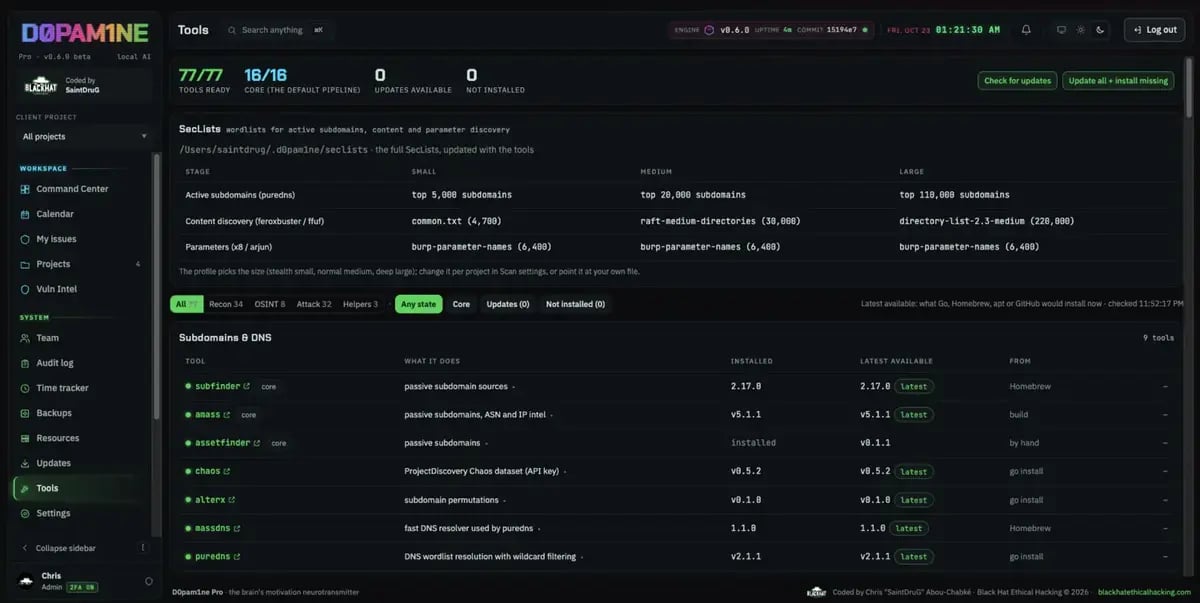 The Tools page: ready, updates available, not installed