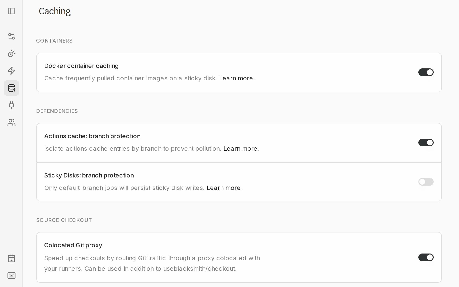An admin turning on Bazel and Buck2 build cache in Settings > Caching