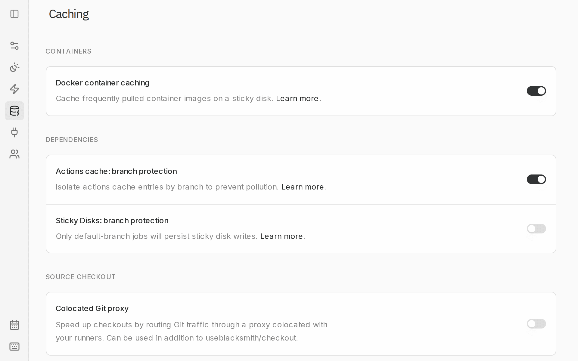 An admin turning on Colocated Git proxy in Settings > Caching