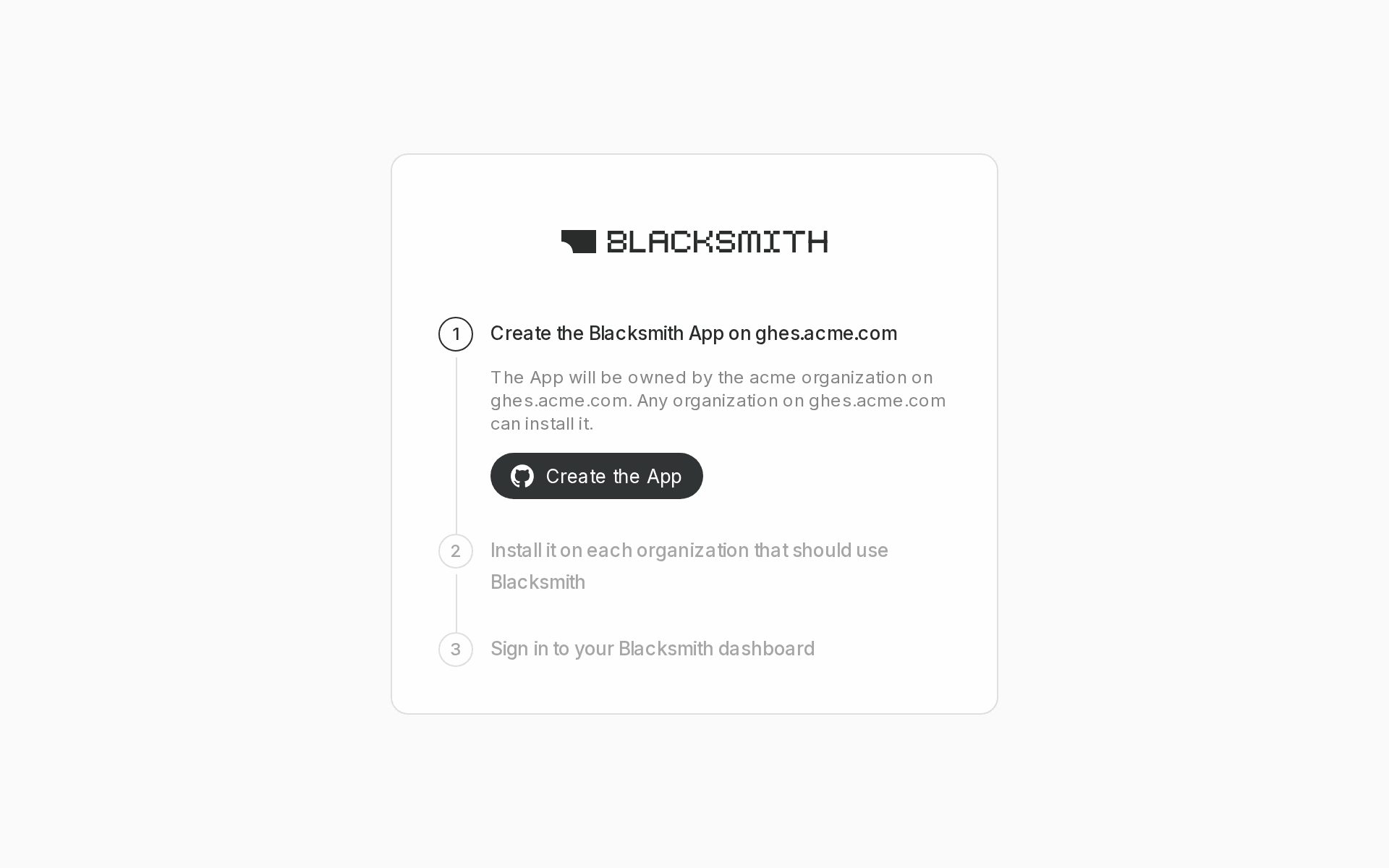 Creating the Blacksmith App on a GitHub Enterprise instance, installing it, and signing in