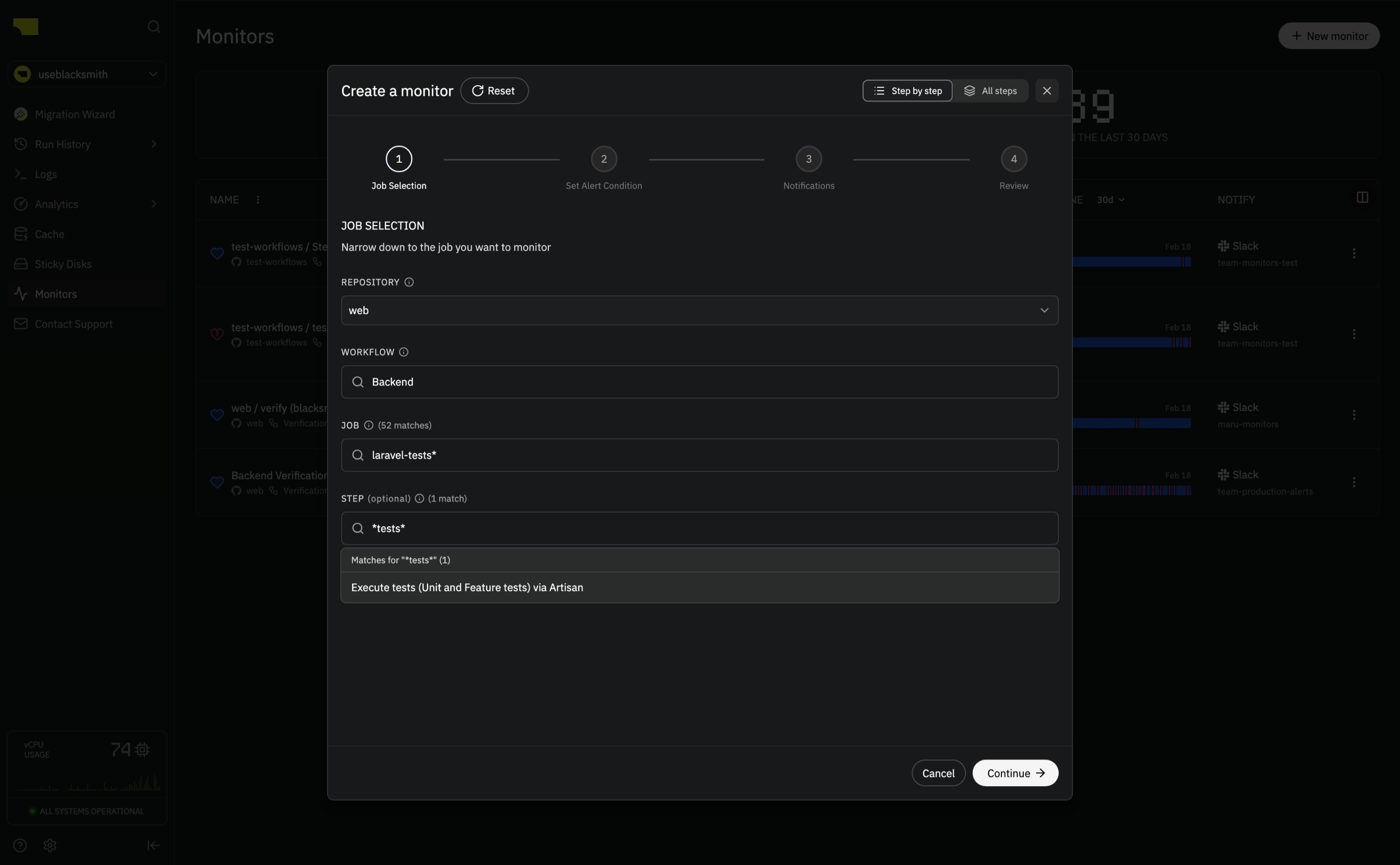 Monitor creation wizard with job selection step