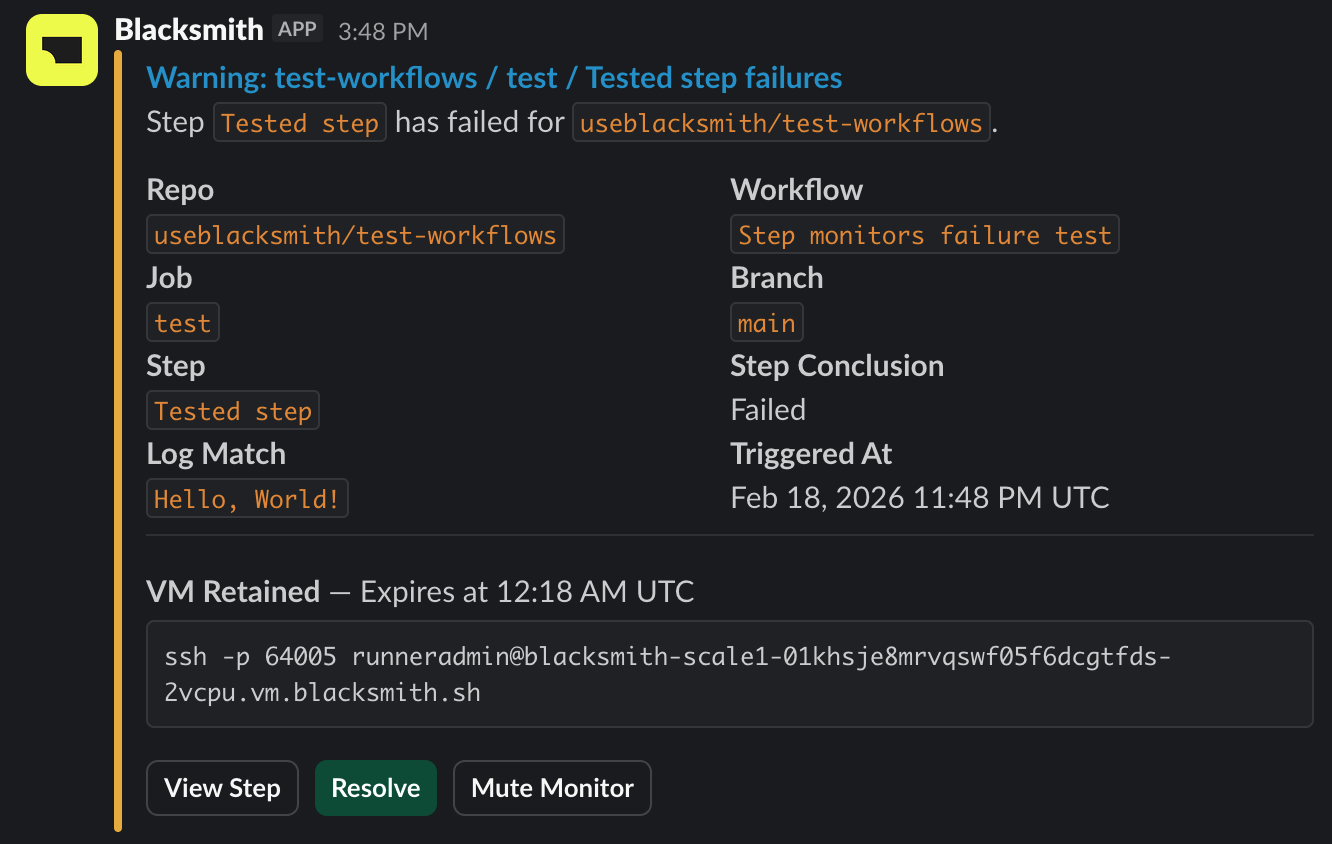 Slack alert message with severity badge and action buttons