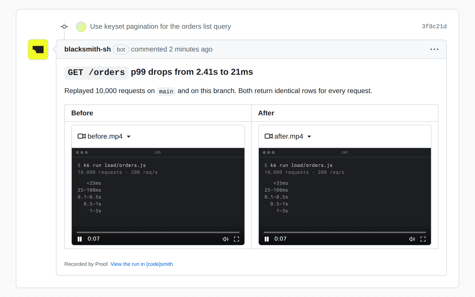 A Proof comment with load test recordings of GET /orders on main and on the PR