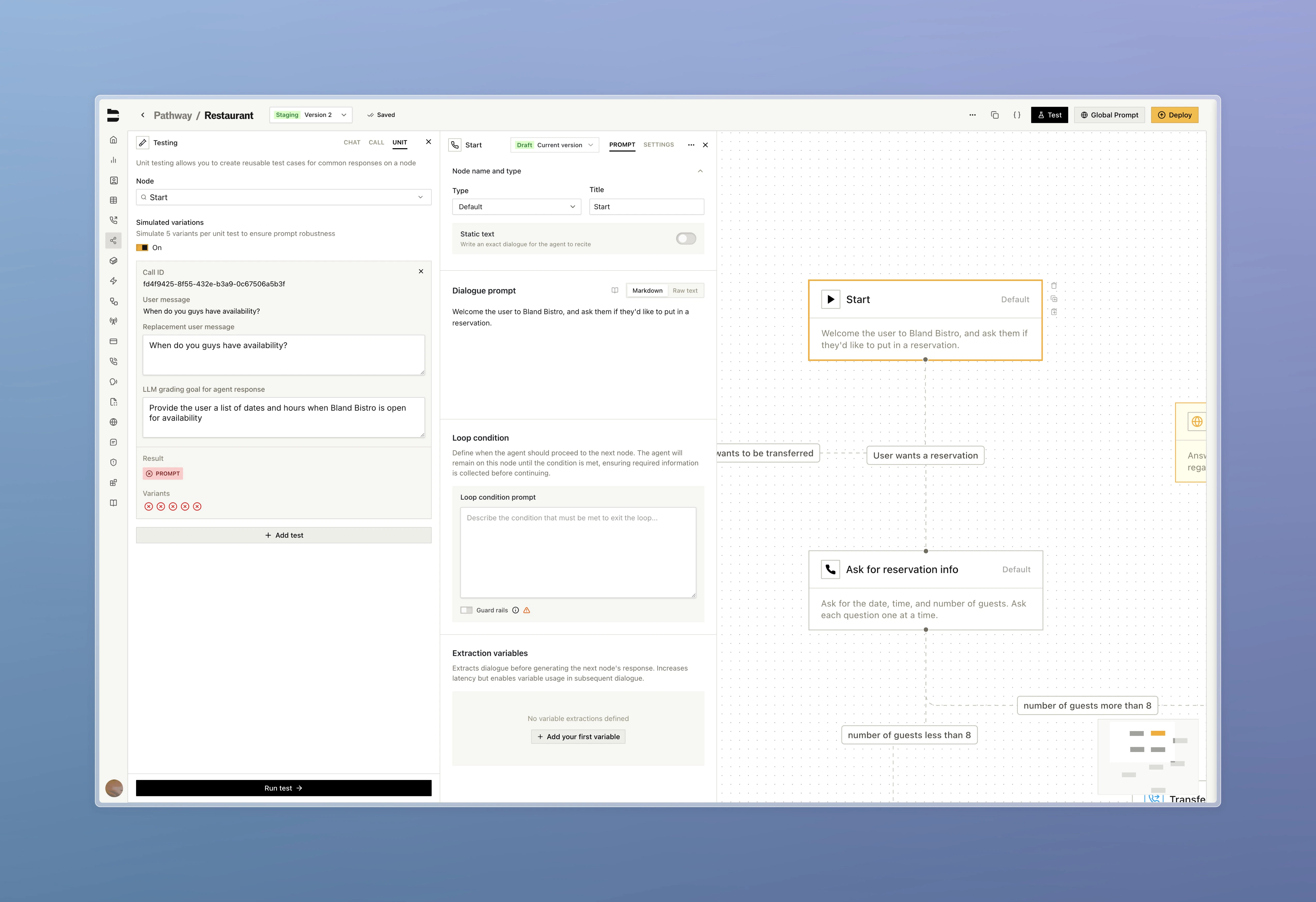 Test Node button in drawer that opens testing panel with draft state