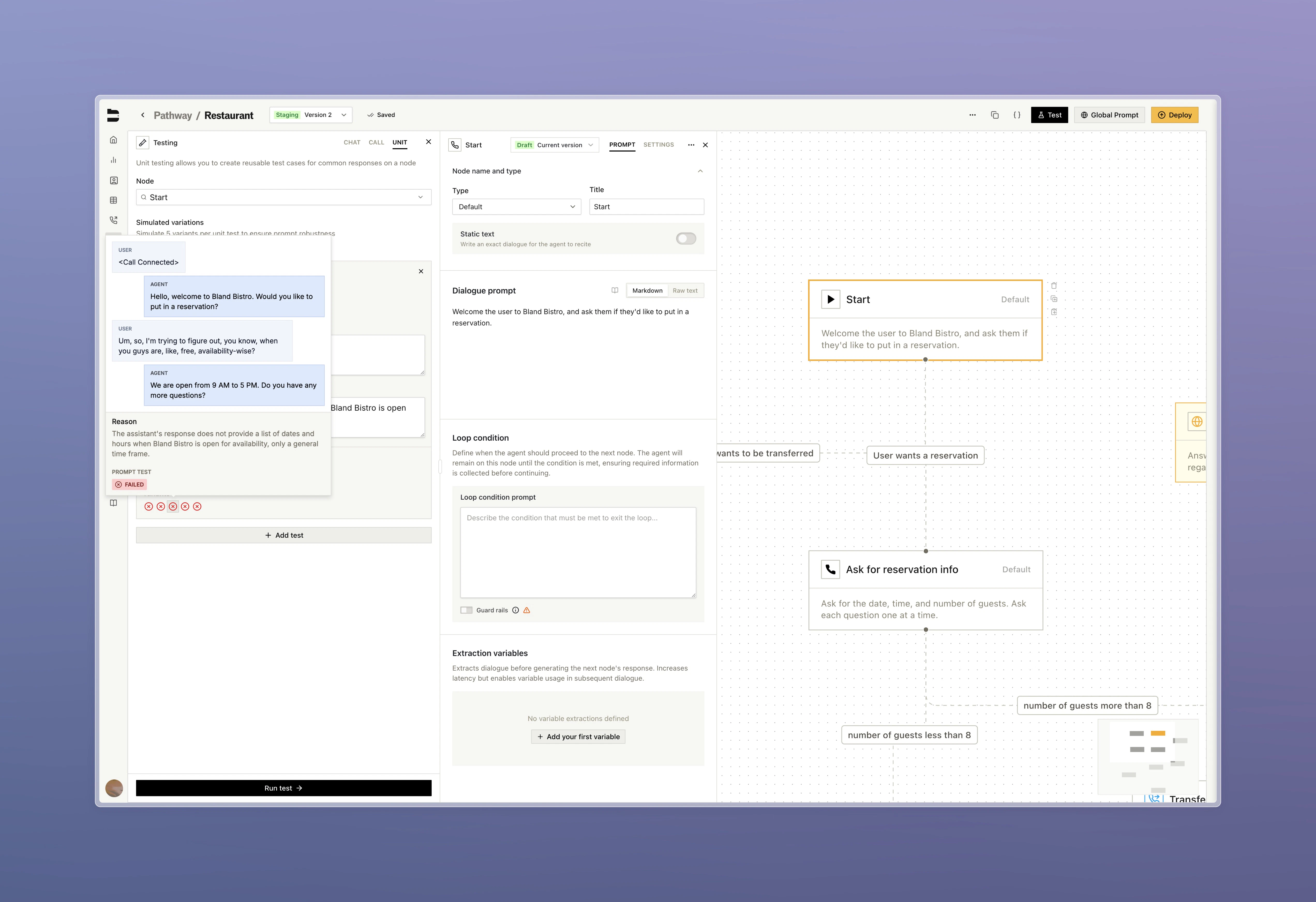 Testing panel showing draft node configuration in action