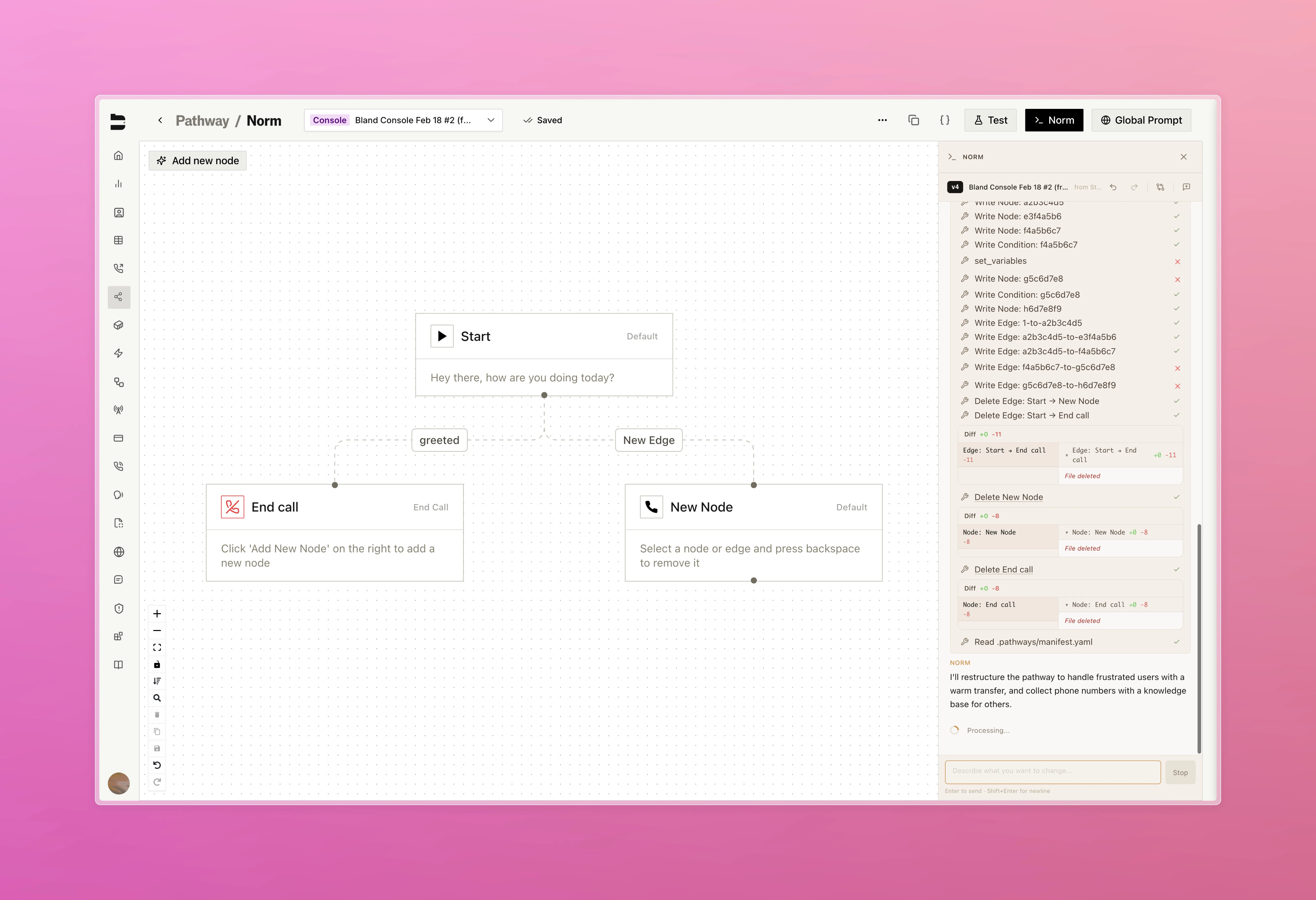 Bland Console chat interface embedded in the pathway editor