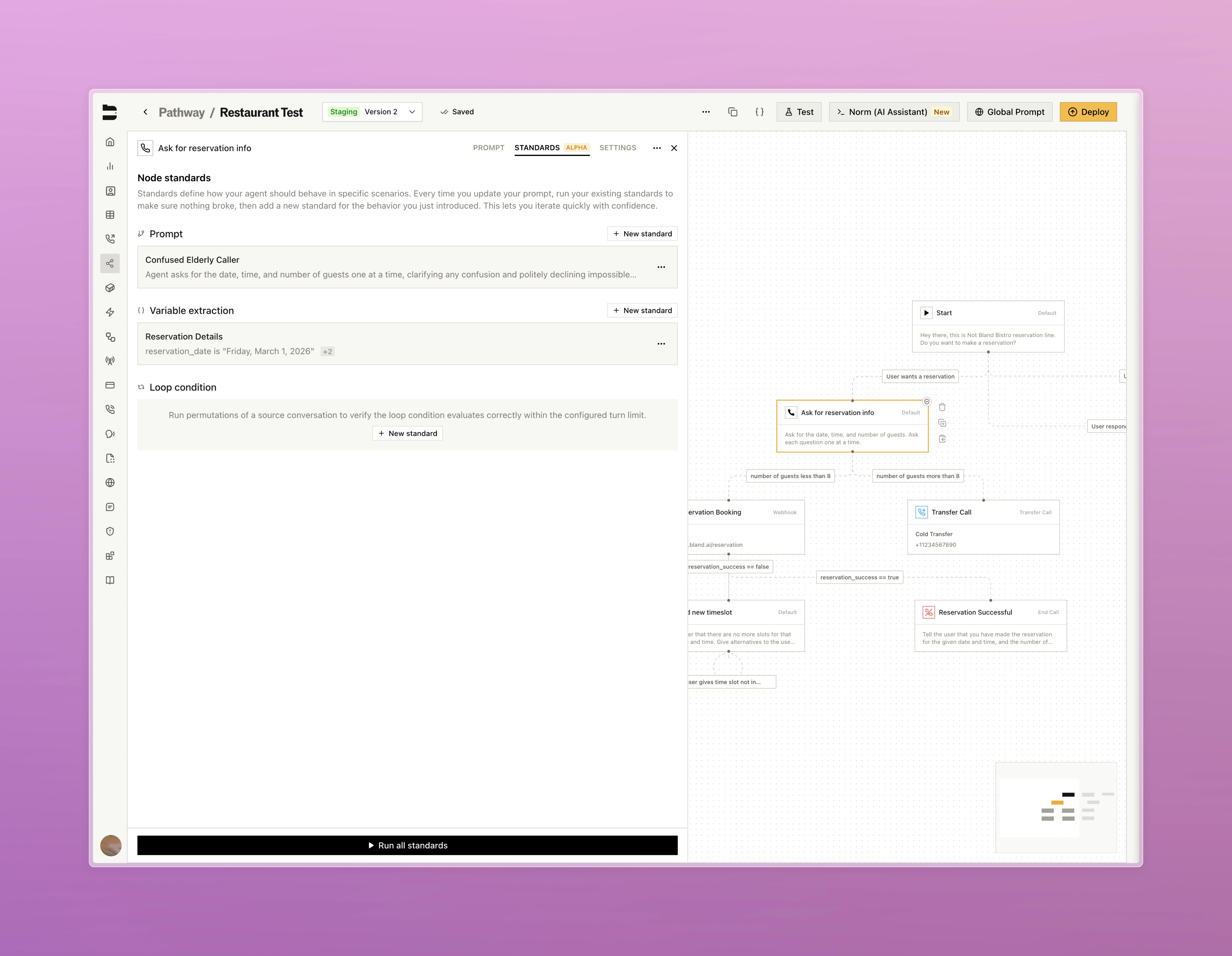 Standards tab in the pathway testing panel showing defined standards