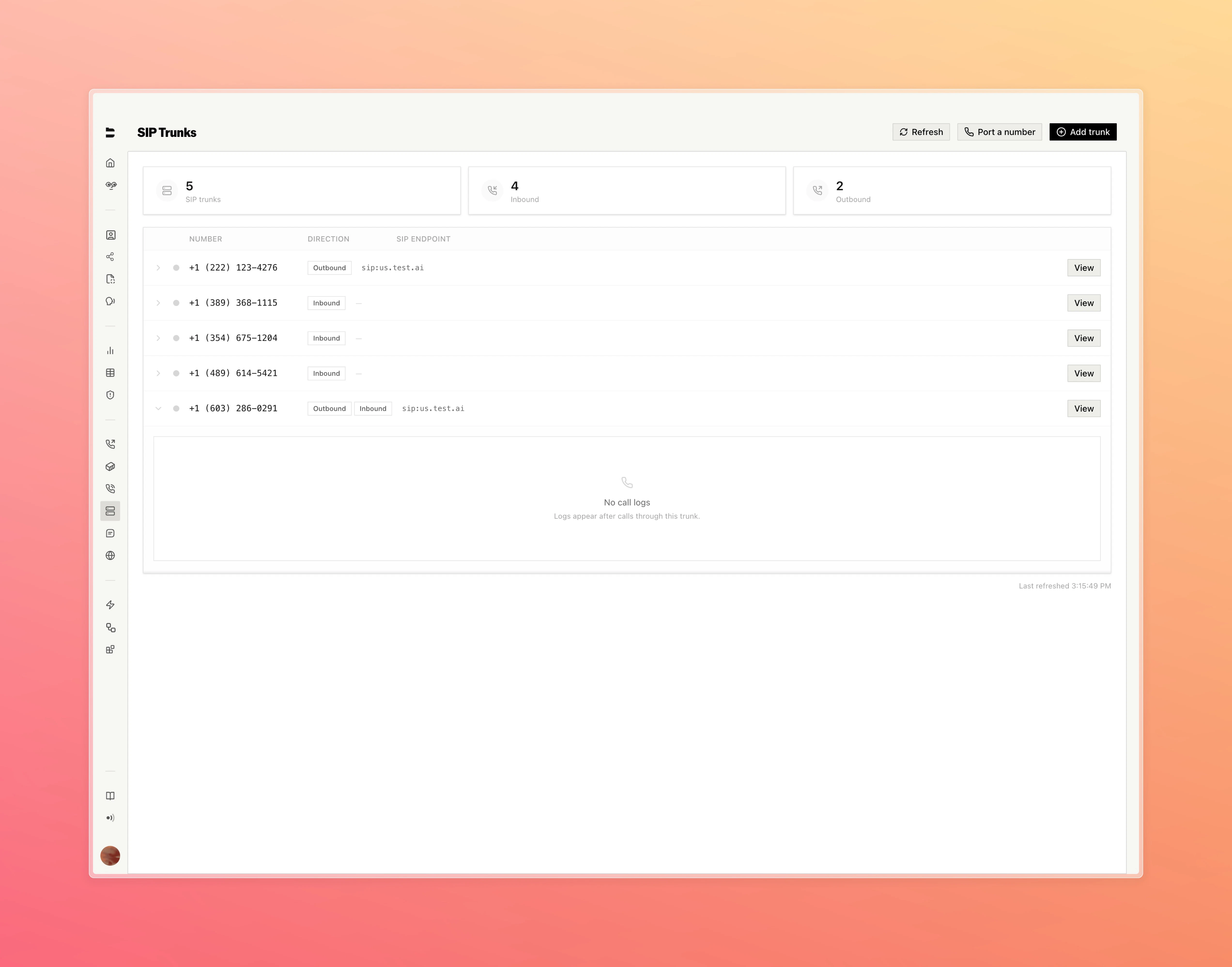 SIP Trunks dashboard showing trunk list with direction, endpoint, and call logs
