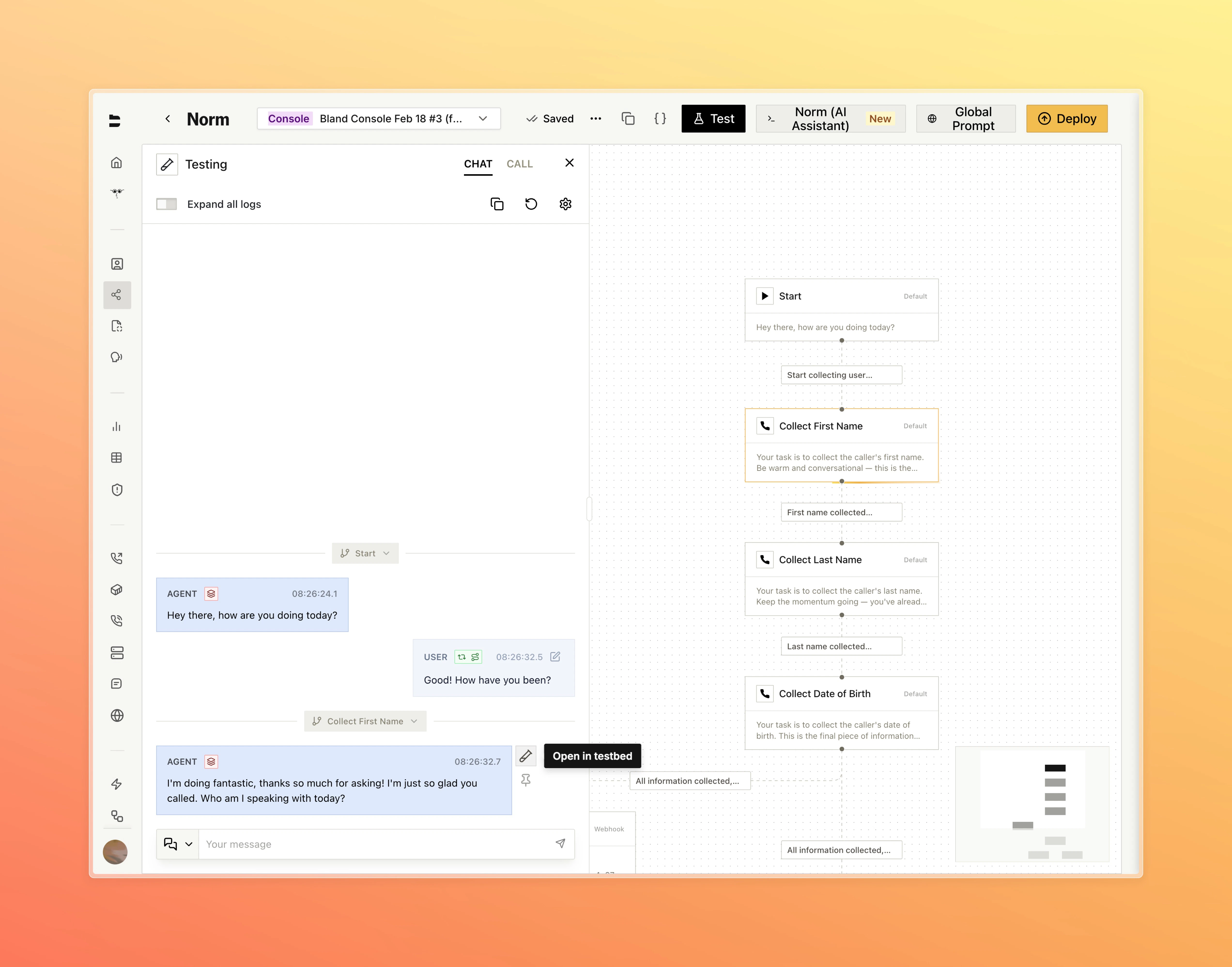 Pathway chat panel with Open in testbed button on a conversation message