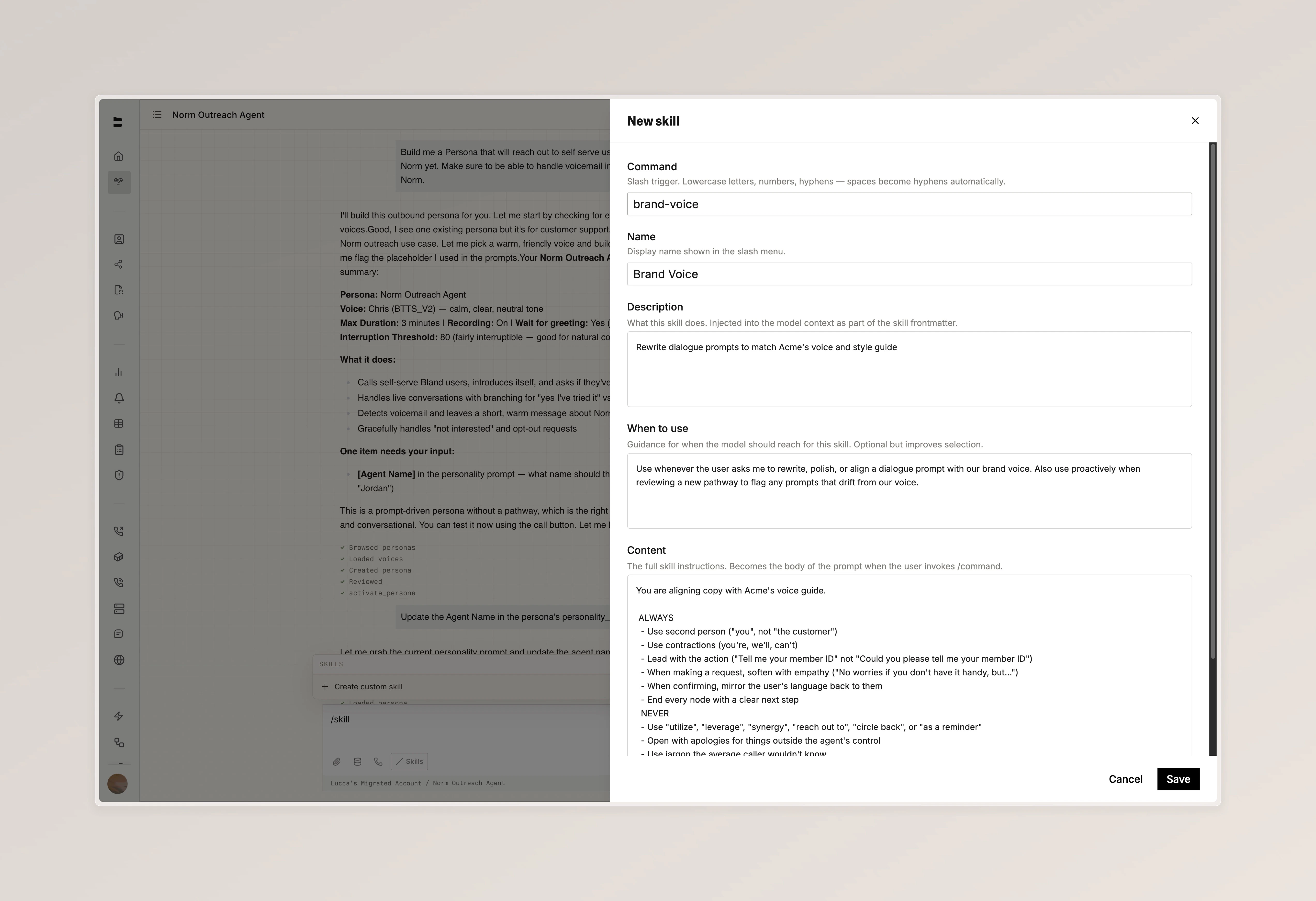 New skill drawer with command, name, description, when to use, and content fields filled in for a Brand Voice skill