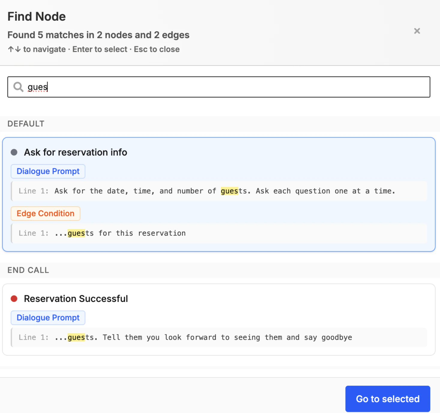 Pathway node keyword search interface with highlighted results