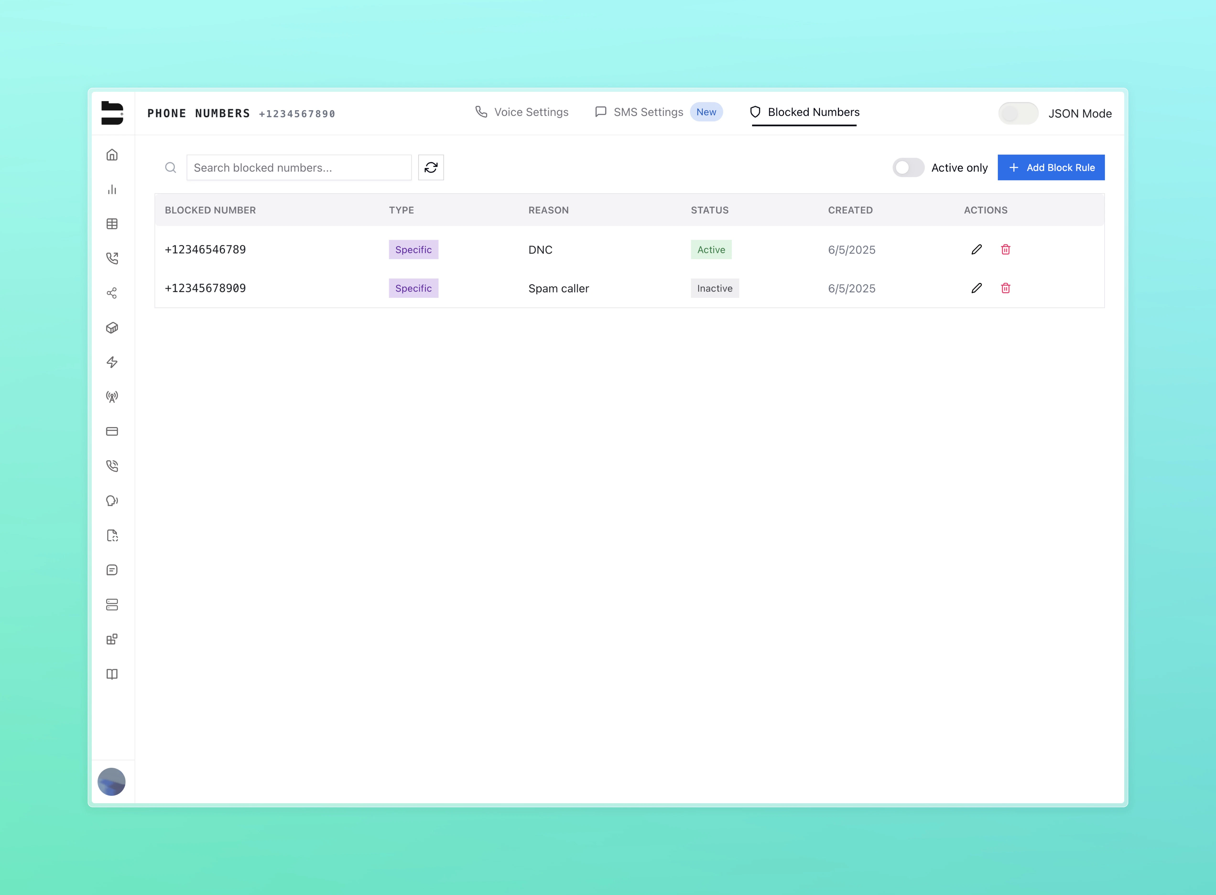 Block Inbound Number UI