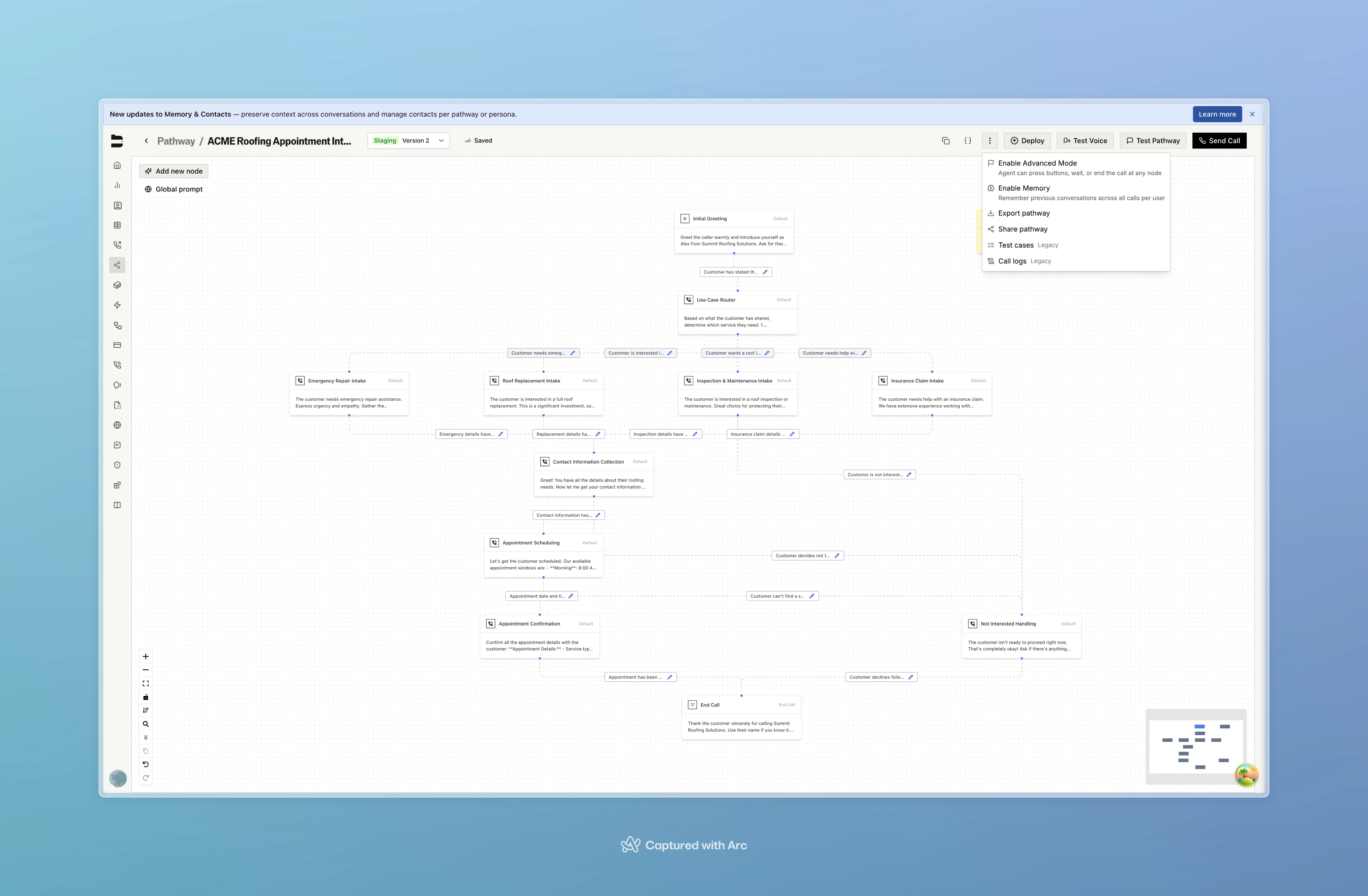Pathway menu with Enable Memory checkbox