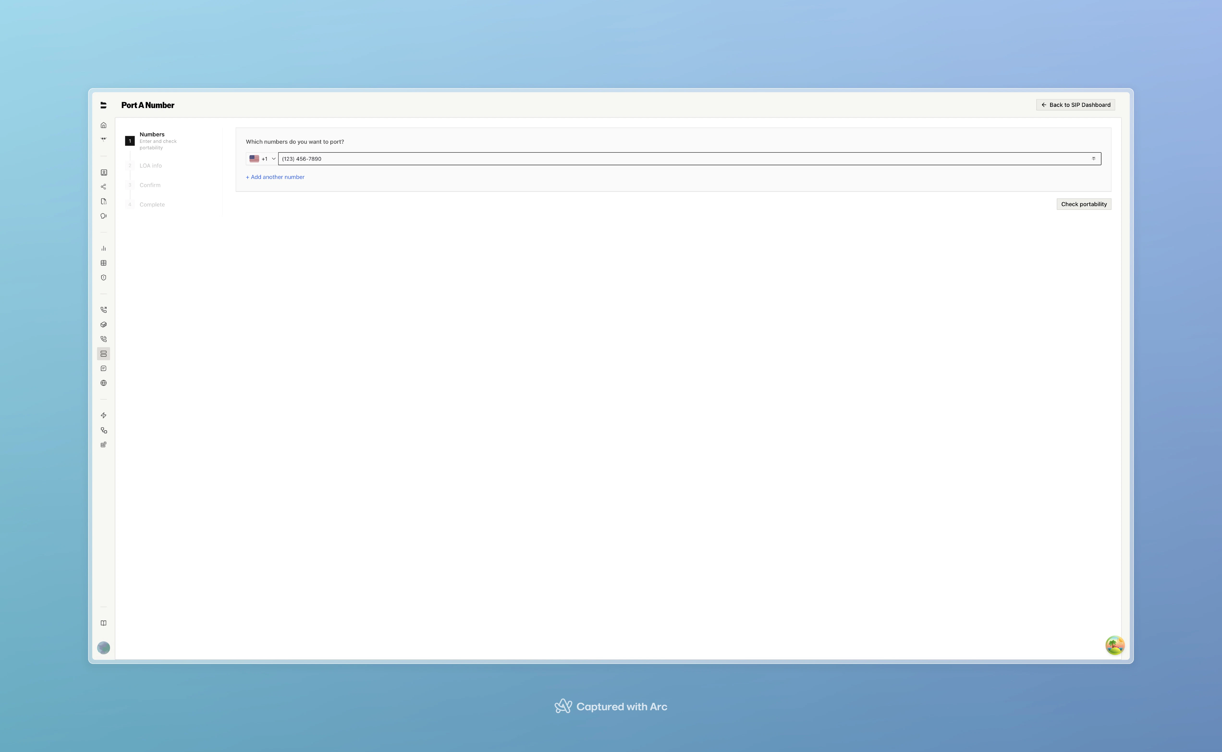 Number porting wizard showing phone number input and portability check